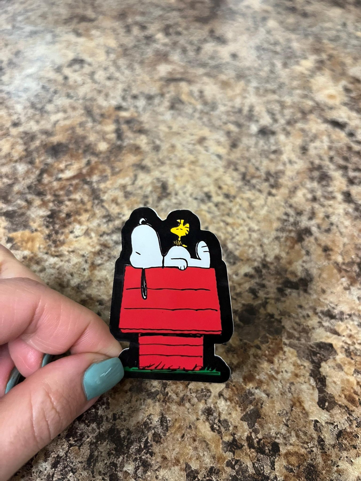 Snoopy and Woodstock Relaxing on Doghouse at Night – Peanuts Waterproof Vinyl Sticker – 2.25"x1.5" for Laptop, Bottle, kindle