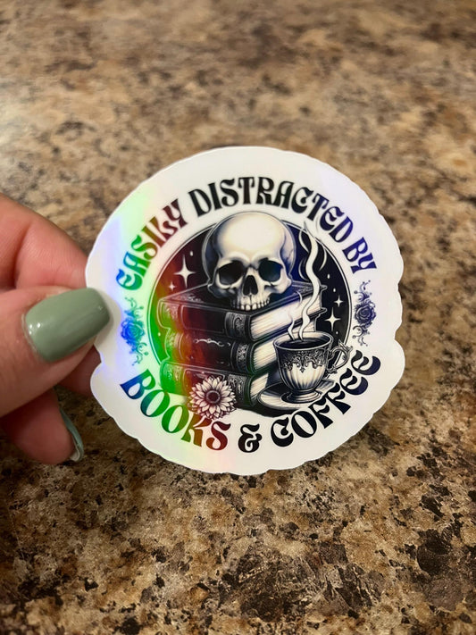 Gothic Skull Books & Coffee Holographic Sticker - Dark Academia Bookish Vinyl Sticker - Perfect for Book Lovers, Journals, and TBR Piles