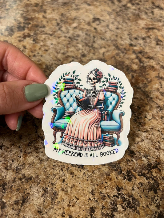 Holographic Victorian Reader Skeleton Sticker | Rainbow Bookish Pun Decal | Gothic Book Lover Art | 3"x2.5"