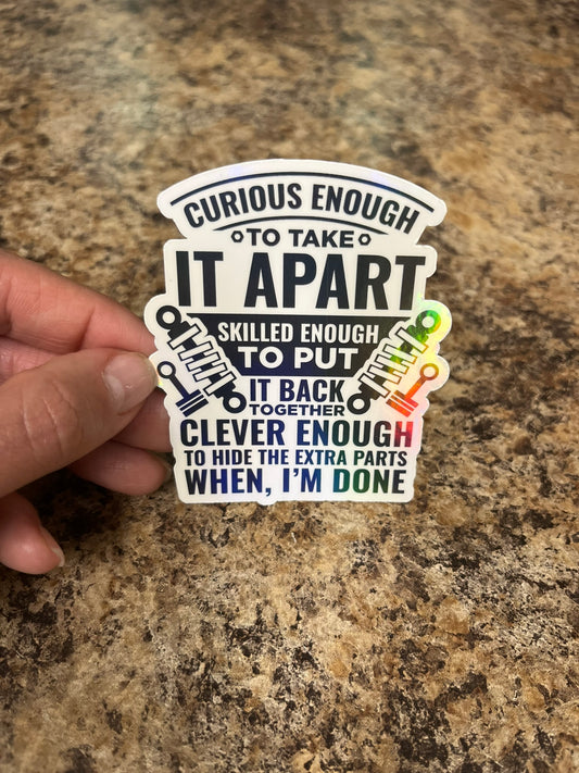 Curious Skilled Clever Mechanic Waterproof Sticker | Funny Tool Vinyl | 4 Size & Finish Options | Laptop Yeti Stanley Cooler+
