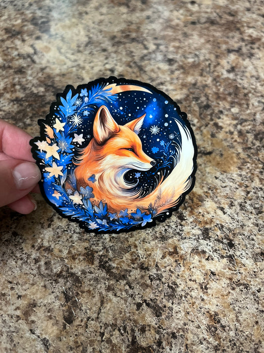 Midnight Flowers Fox Waterproof Sticker | Moon Floral Vinyl | 2 Size Options | Laptop Yeti Stanley Cooler+