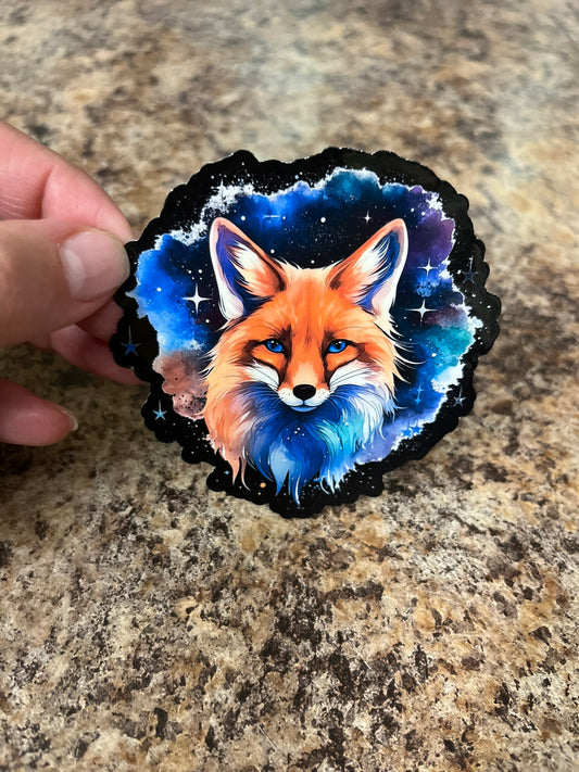 Galaxy Sky Fox Waterproof Sticker | Cosmic Blue Eyes Vinyl | 2 Size Options | Laptop Yeti Stanley Cooler+