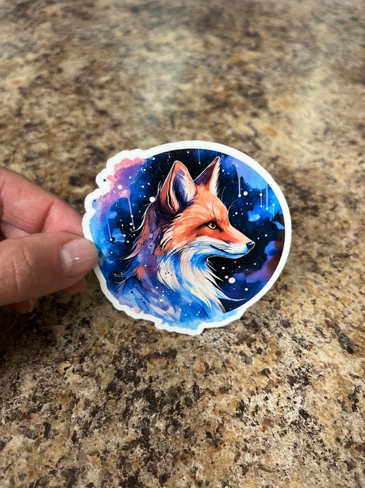 Cosmic Fox Watercolor Waterproof Sticker | Galaxy Art Vinyl | 2 Size Options | Laptop Yeti Stanley Cooler+