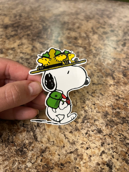 Snoopy Beagle Scout Giving Lift to Tired Campers Waterproof Sticker | Peanuts Hiking Vinyl | 3"x2.25" | Laptop Yeti Stanley Cooler+