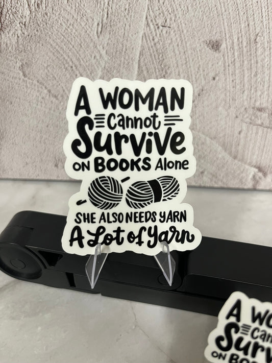 Woman Books Yarn Waterproof Sticker | Fiber Arts Reading Vinyl | 2 Size Options | Laptop Yeti Stanley Cooler+