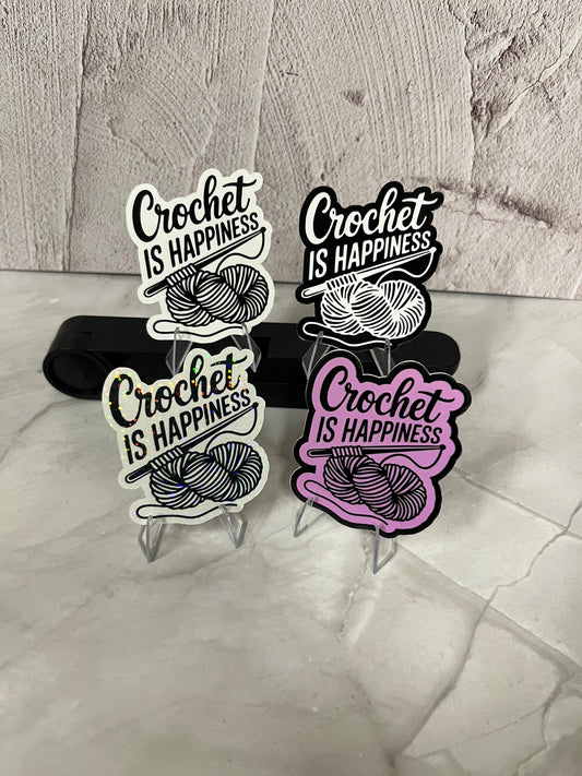 Crochet Is Happiness Waterproof Sticker | Yarn Hook Vinyl | 4 Color Options | Laptop Yeti Stanley Cooler+