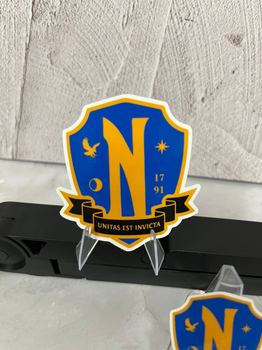Wednesday Addams Nevermore Waterproof Sticker | School Logo Vinyl | 2 Size Options | Laptop Yeti Stanley Cooler+
