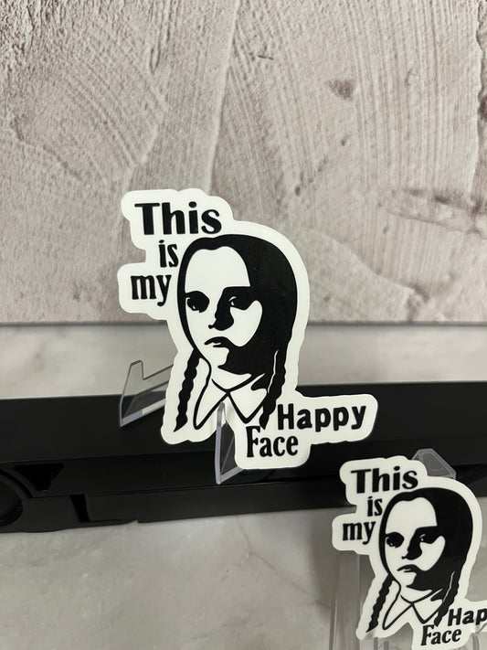 Wednesday Addams Happy Face Waterproof Sticker | Gothic Humor Vinyl | 2 Size Options | Laptop Yeti Stanley Cooler+