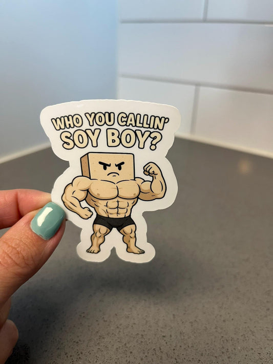 Who You Callin Soy Boy Funny Vegan Sticker with Buff Tofu Character Perfect for Plant Based Lifters Gym Bros and Cruelty Free Humor
