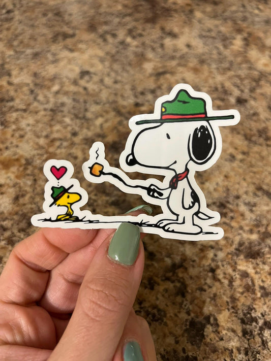Scout Master Snoopy & Woodstock Camping Waterproof Sticker | Marshmallow Roasting Peanuts Outdoor Camping | 3"x2.25" | Yeti Stanley Kindle +
