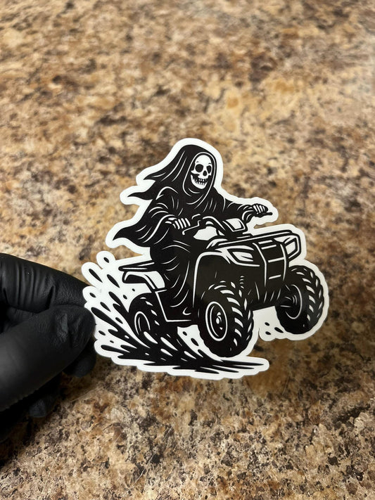 Grim Reaper ATV Rider Sticker | Death on a Four Wheeler Art | Off-Road Skeleton Santa Muerte Quad Decal | 3.25"x3.5" Dirt Bike Mountain Dirt