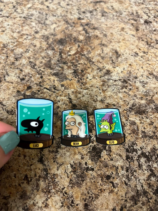 Disenchantment Head Jar Sticker Set of 3 – Luci Bean and Elfo 1.5"x1" Futurama Style Waterproof Vinyl Stickers for Laptops and Journals