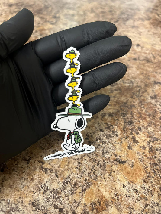 Scout Master Snoopy with Stacked Woodstock Birds Sticker | Peanuts Camping Adventure | Beagle Scout Leader Decal | 3.5"x1.5" Outdoor Camping