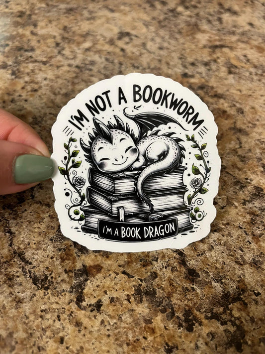 Book Dragon Not Bookworm Sticker | Reader's Pride Decal | Literary Dragon Vinyl Art | 2.75"x2.5"