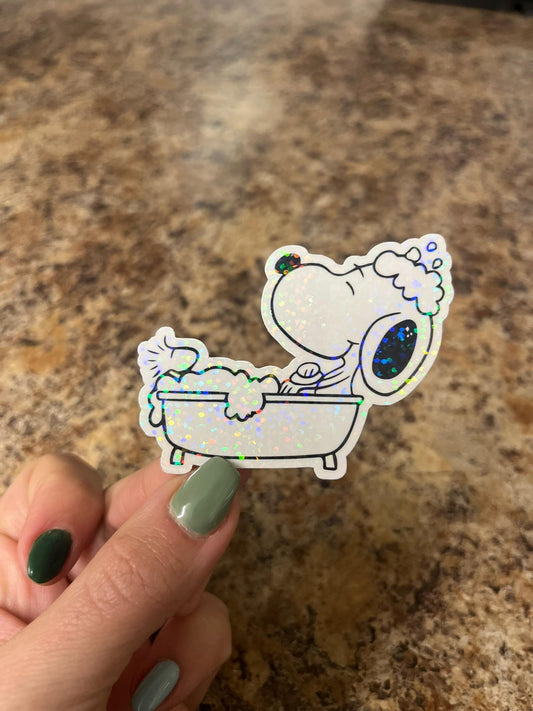 Bathtime Snoopy Holographic Sticker | Rainbow Sparkle Peanuts Decal | Relaxing Beagle Vinyl Art | 2.5"x2"