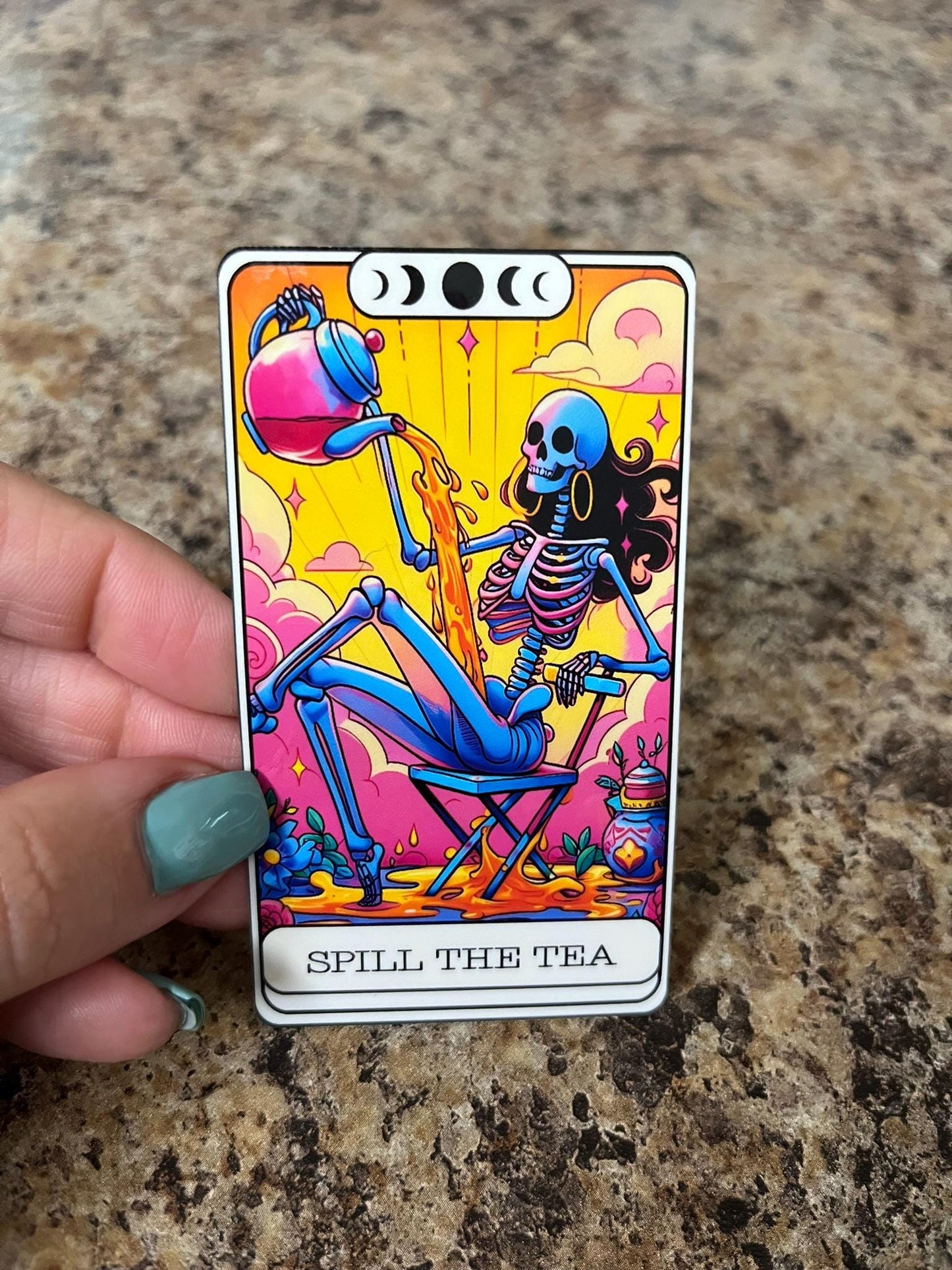 Spill The Tea Skeleton Waterproof Sticker | Gossip Tarot Vinyl | 3.5"x2" | Laptop Yeti Stanley Cooler+