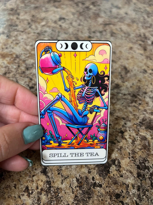 Spill The Tea Skeleton Waterproof Sticker | Gossip Tarot Vinyl | 3.5"x2" | Laptop Yeti Stanley Cooler+