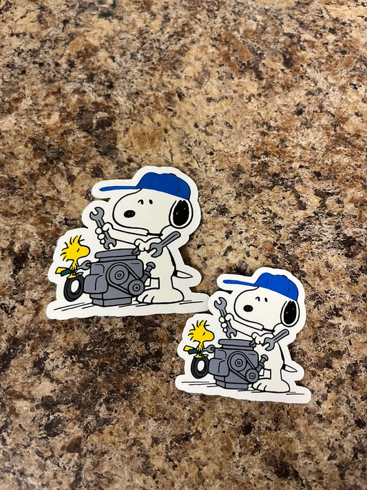 Mechanic Snoopy & Woodstock Waterproof Sticker | Peanuts Handyman Engine Repair Shop Vinyl | 2 Size Options | Laptop Yeti Stanley Cooler +